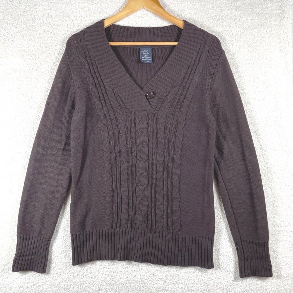 Y2K cable knit sweater button v-neck womens L tennis preppy btc chocolate brown